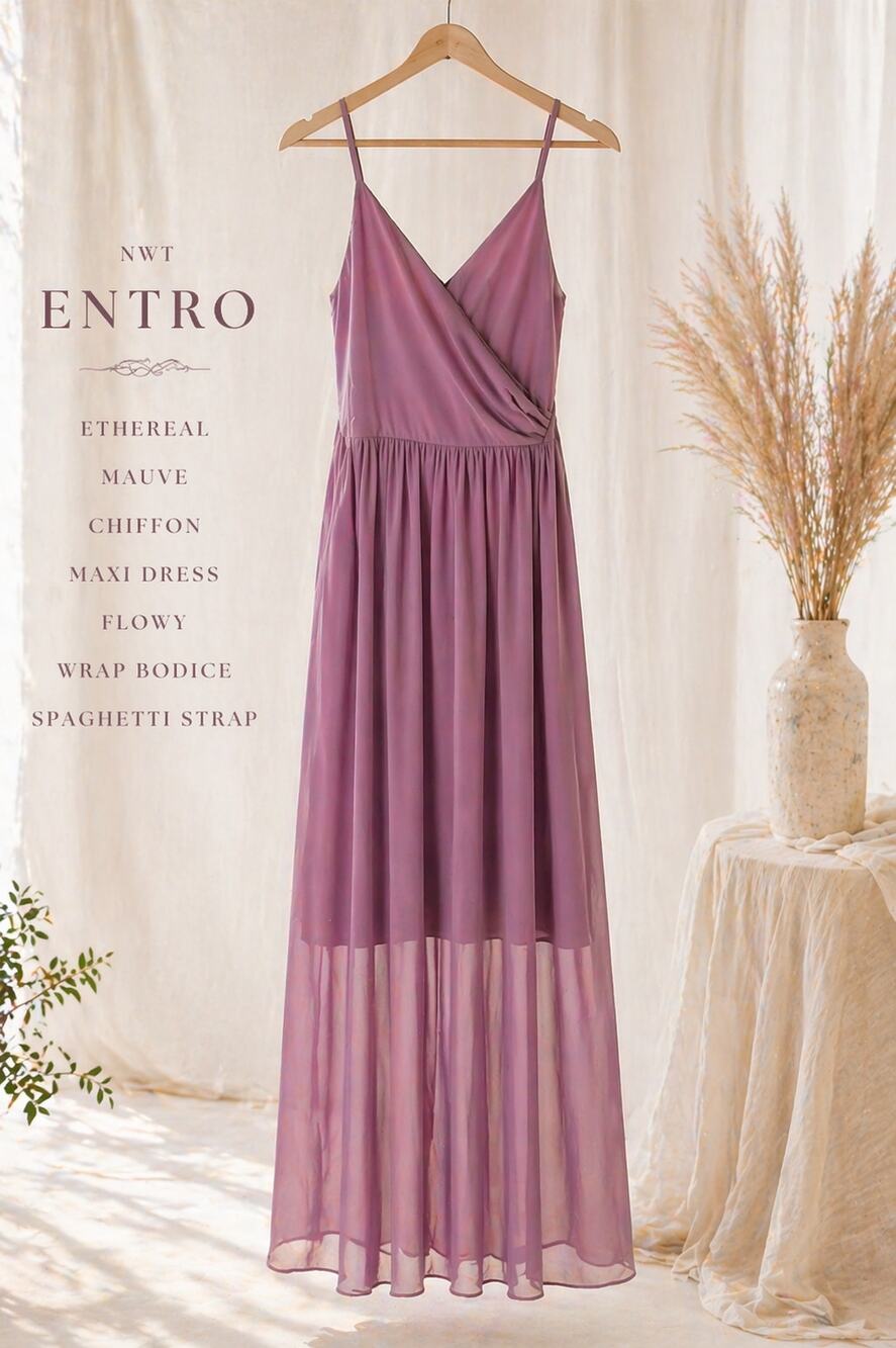 NWT Entro Ethereal Mauve Chiffon Sheer Dress Flowy Wrap Bodice Spaghetti Strap